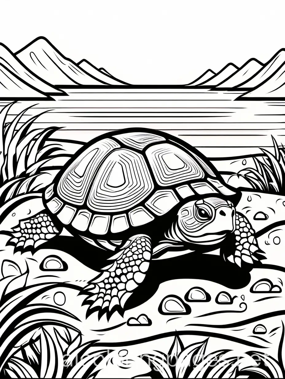 A tiny turtle sunbathing on a rock, Coloring Page, black and white, line art, white background, Simplicity, Ample White Space. The background of the coloring page is plain white to make it easy for young children to color within the lines. The outlines of all the subjects are easy to distinguish, making it simple for kids to color without too much difficulty