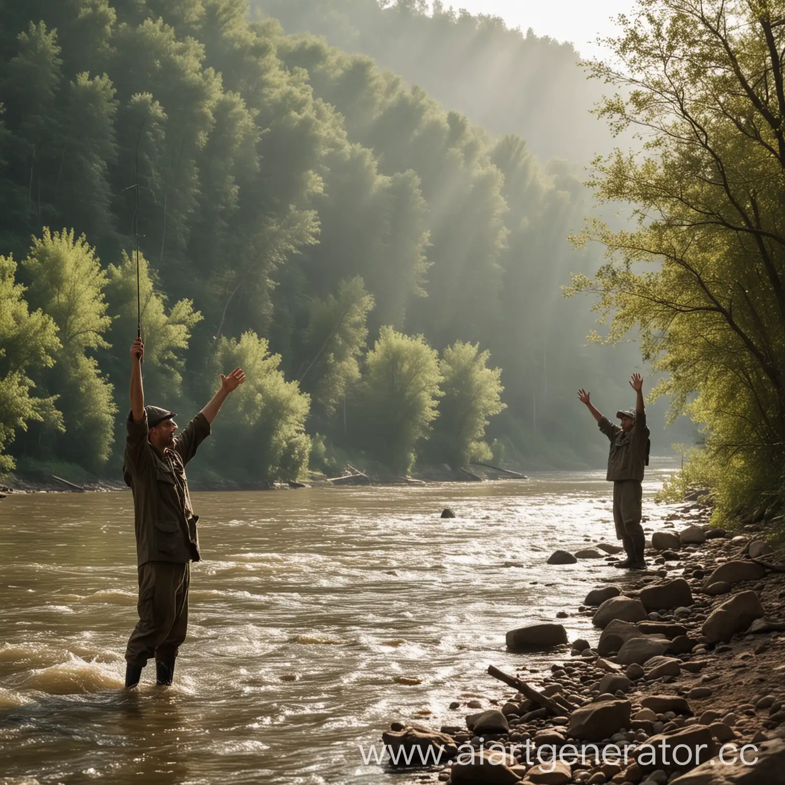 Fishermen-Standing-at-River-with-Raised-Hands