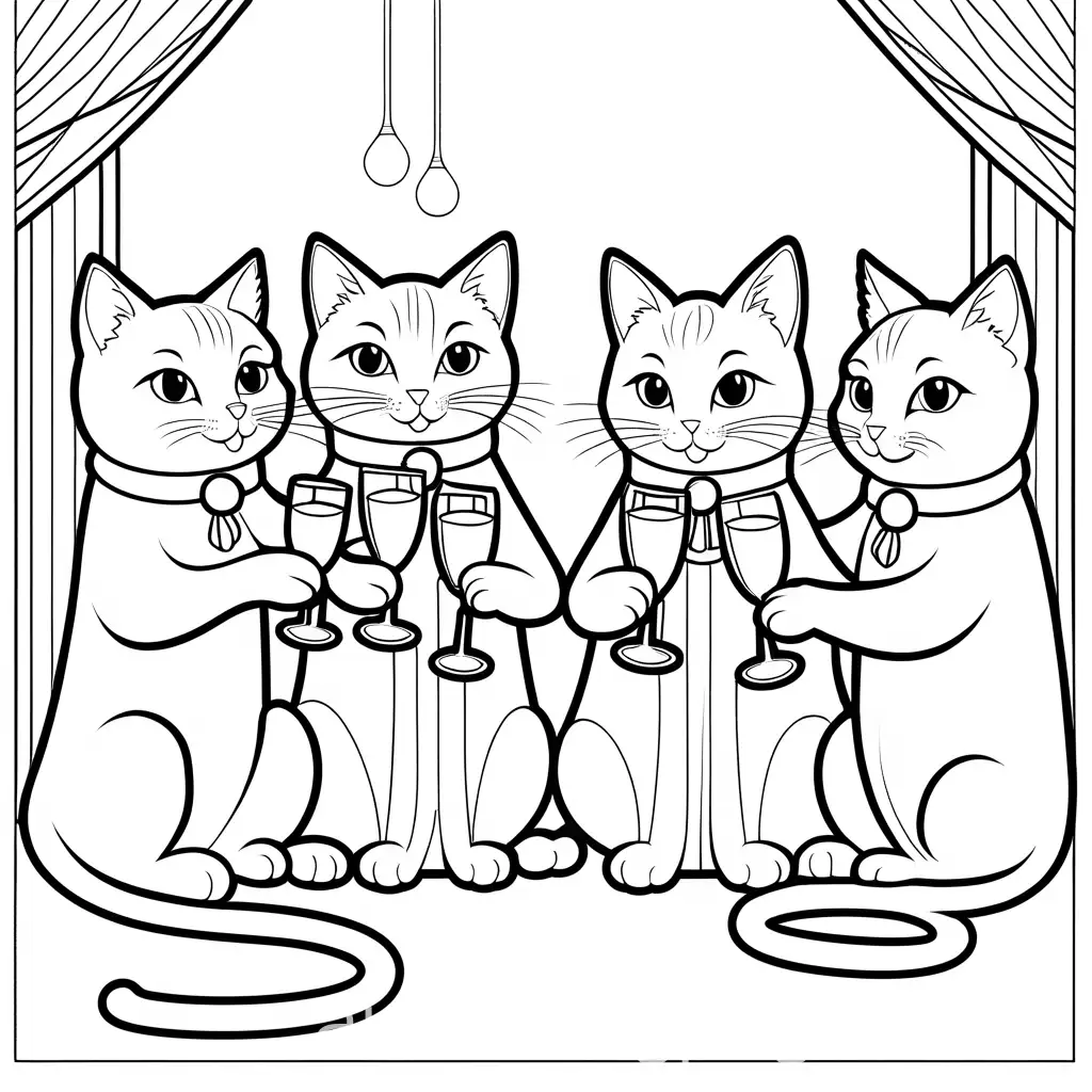 coloring page of cats and friends doing a Champagne toast, Coloring Page, black and white, line art, white background, Simplicity, Ample White Space. The background of the coloring page is plain white to make it easy for young children to color within the lines. The outlines of all the subjects are easy to distinguish, making it simple for kids to color without too much difficulty