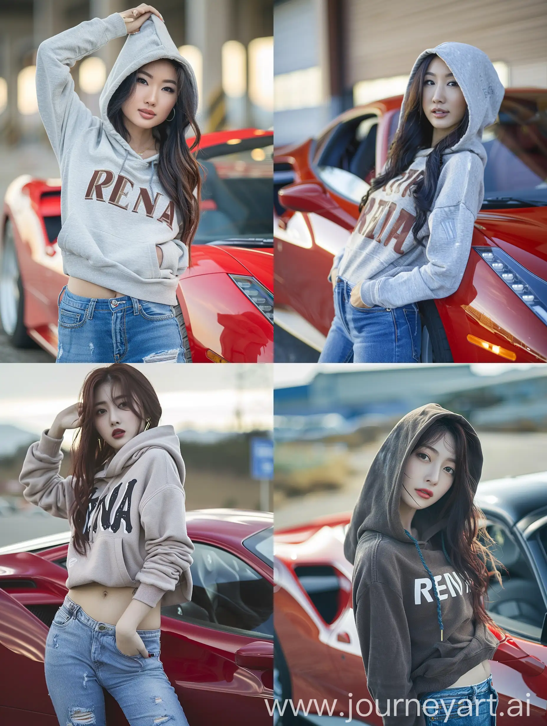 beautiful asian woman wearing a hoodie that says "RENA".jeans.posing with a Red Ferrari, amazing photography