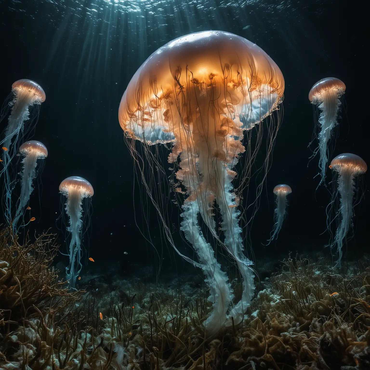 Egy mélytengeri kutatóexpedíció során a tudósok váratlanul felfedeznek valami elképesztőt: egy hatalmas medúza lebeg a tengerfenéken, s világító testével kivilágítja a környező sötétséget, körülötte halak cikáznak. pszichedelikus medúza kolónia, csillogó hínárfüggönyök között.