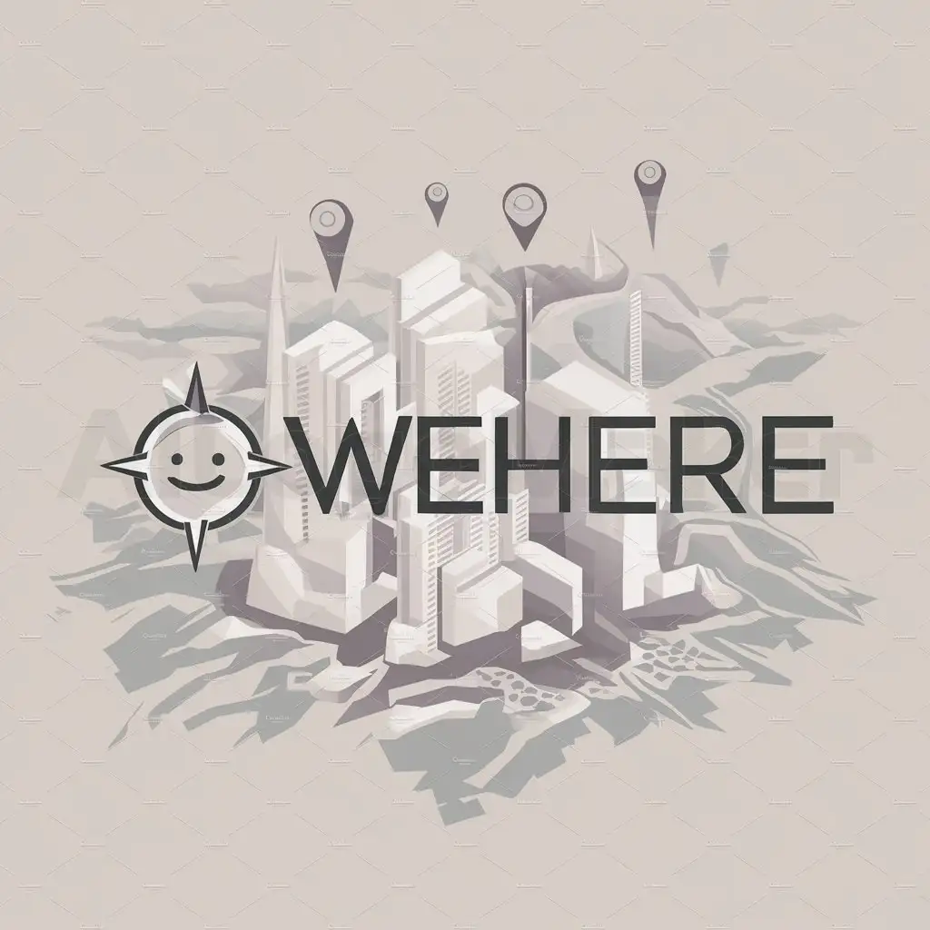 a logo design,with the text "WeHere", main symbol:in the background of structures with geolocation marks, information,Moderate,clear background