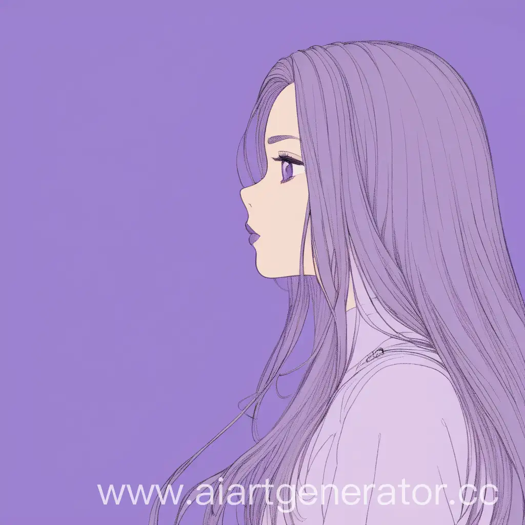LILAC BACKGROUND ON WHICH STANDS A GIRL WITH LONG HAIR AND LOOKS TO THE LEFT IN THE DISTANCE, SHE STANDS IN THE CORNER OF THE PICTURE SIDEWAYS