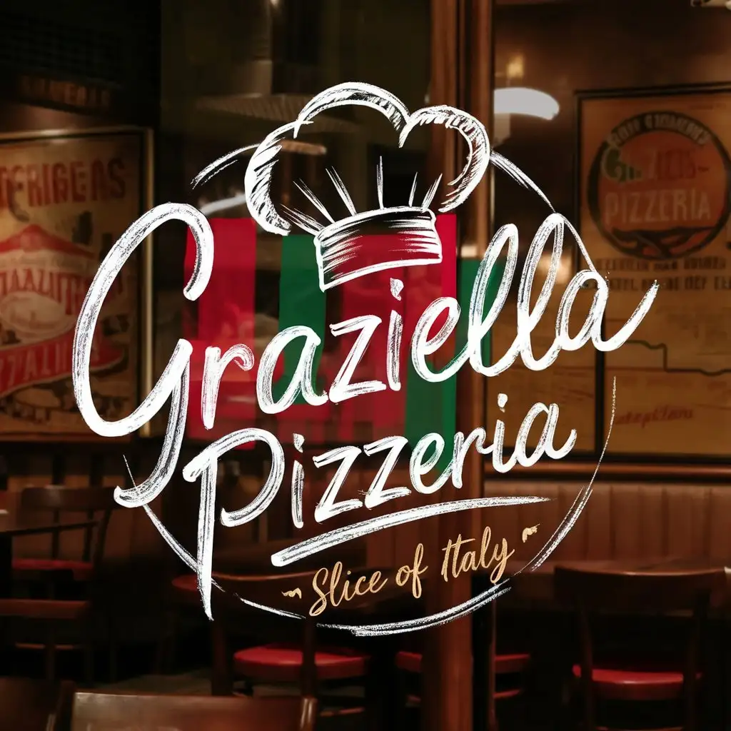 Handwritten Graziella Pizzeria Logo Italian Restaurant Branding with Chef Hat Sketch and Slice of Italy Motif