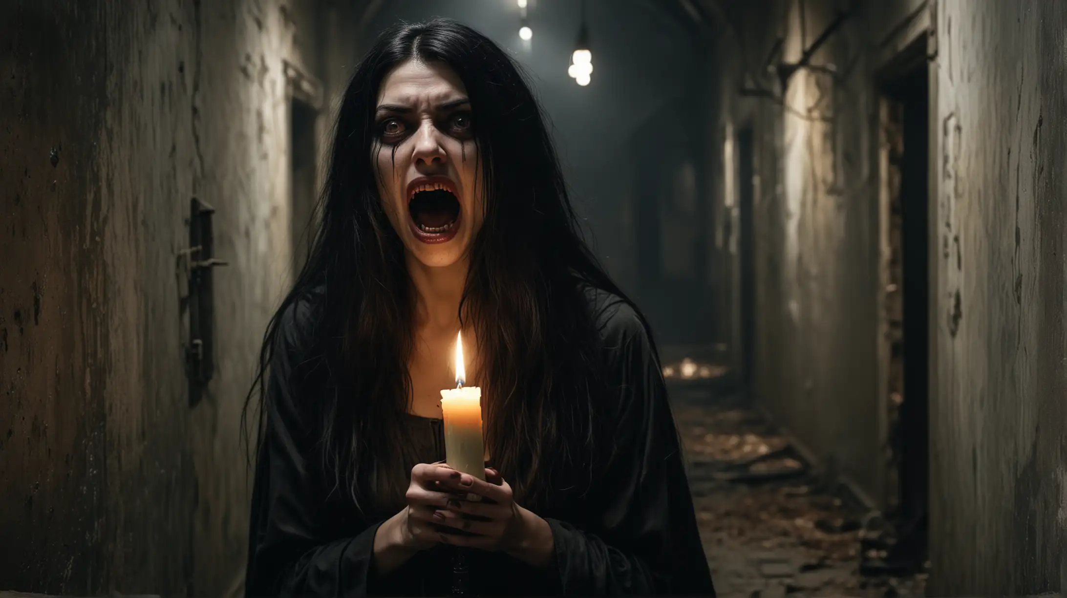 hyperrealistic. The image features a wimsical and scary creature with a horror face, long black hair. She have wide open mouth full of sharp teeth. The witch is holding a candle in one hand, which adds to the eerie atmosphere of the scene. The combination of her creepy and scary appearance creates a unique and intriguing character that captures the viewer's attention.  the background is an asylum corridor.scary atmosphere