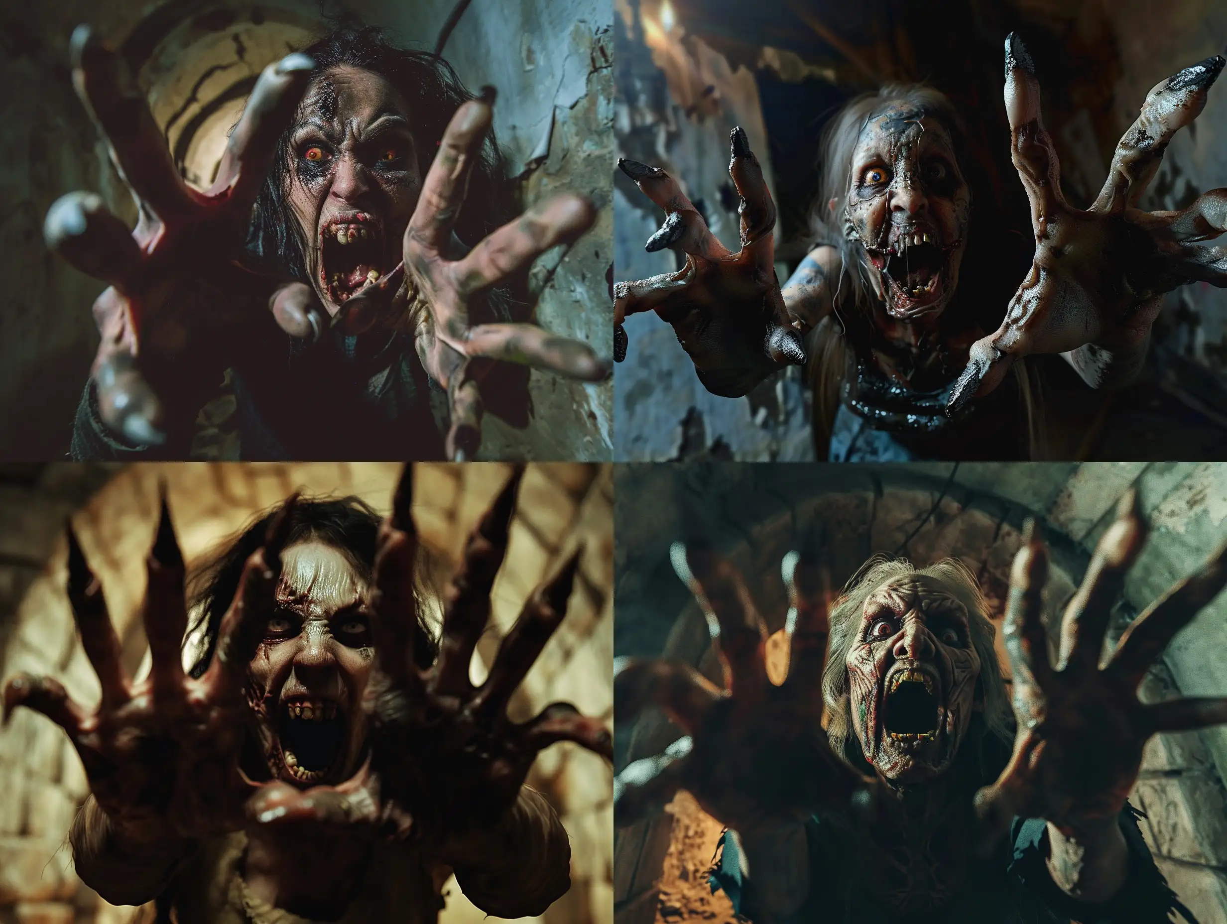 A horrifying nightmare scene of aggressive a rotten zombie woman with long pointed nails like-claws on her five fingers two hands, her mouth is open with pointed teeth, she attacks you, scene inside old crypt, hyper-realism, cinematic, high detail, photo detailing, high quality, photorealistic, terrifying, aggressive, sharp teeth-fangs, dark atmosphere, realistic detailed, detailed nails, horror, atmospheric lighting, full anatomical, human hands, very clear without flaws with five fingers, dynamic pose