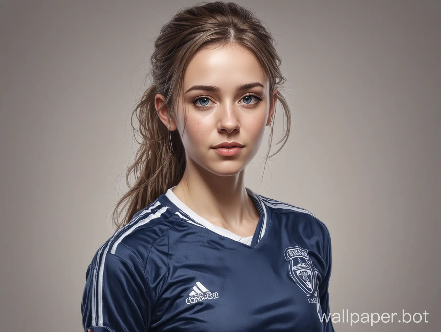 Sketch Zoe Deutsch 25 years old with a 4th breast size narrow waist in Dark blue soccer uniform on white background highly realistic masterpiece drawing with liner portrait 16K
