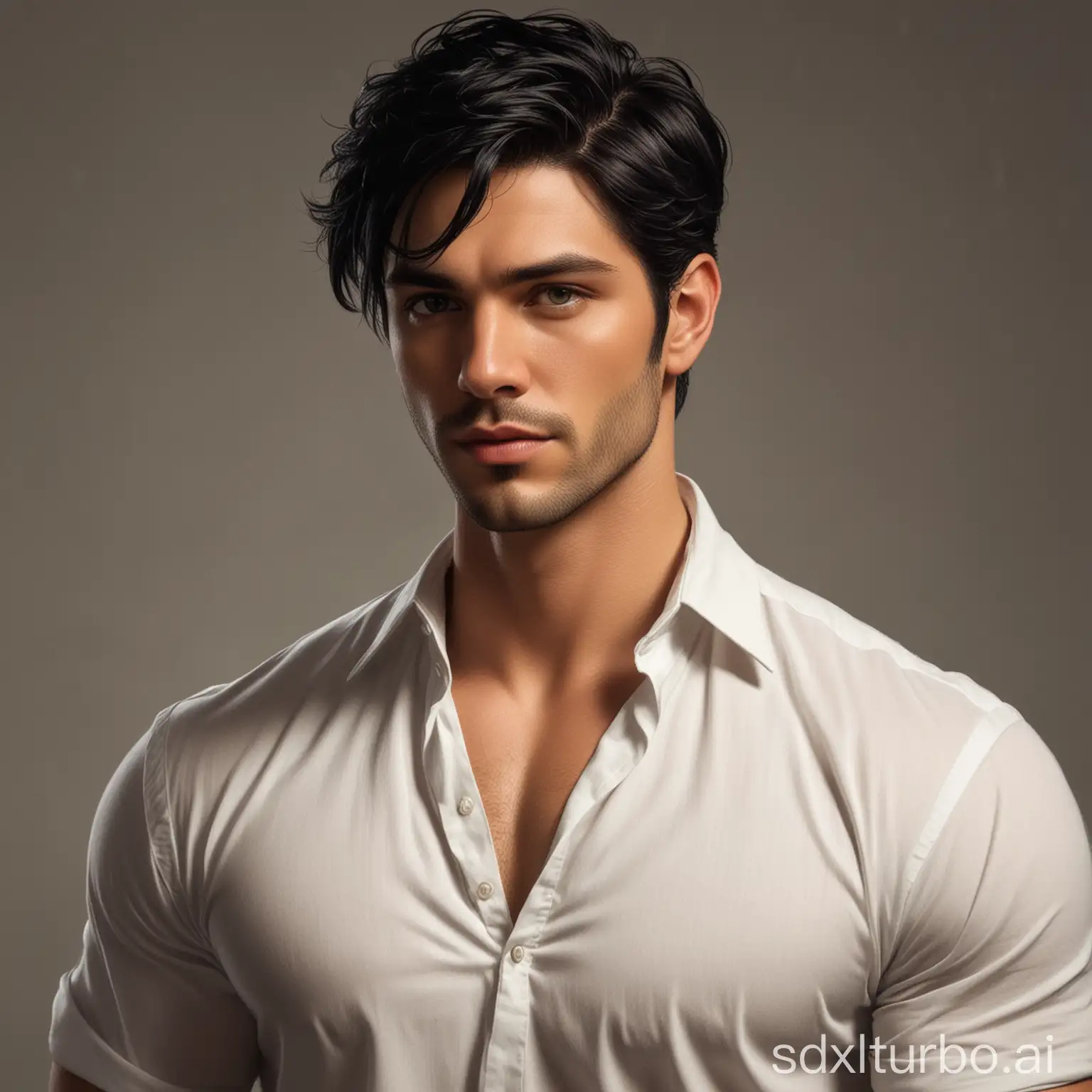 Male, black hair, short hair, early thirties, toned, attractive, handsome, manly, book character art