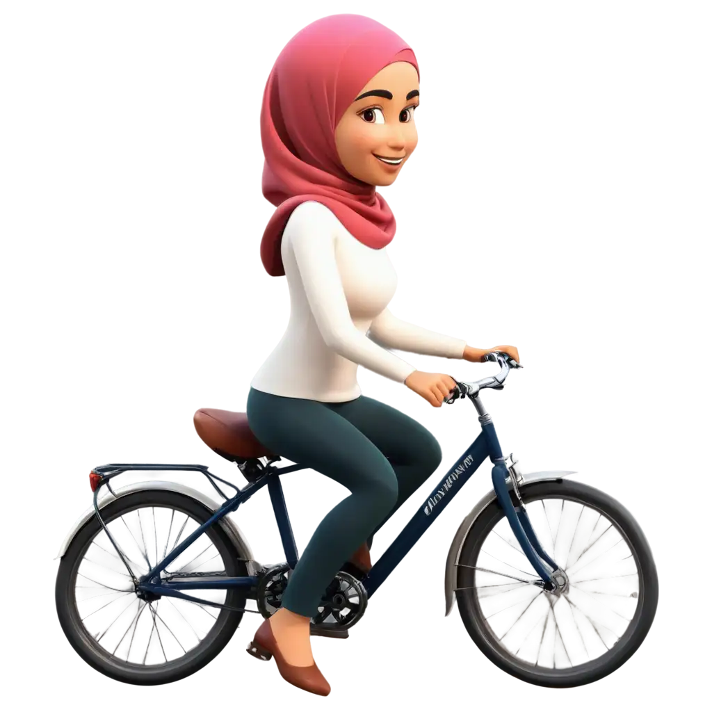 buatkan kartun perempuan muslim sedang bersepeda