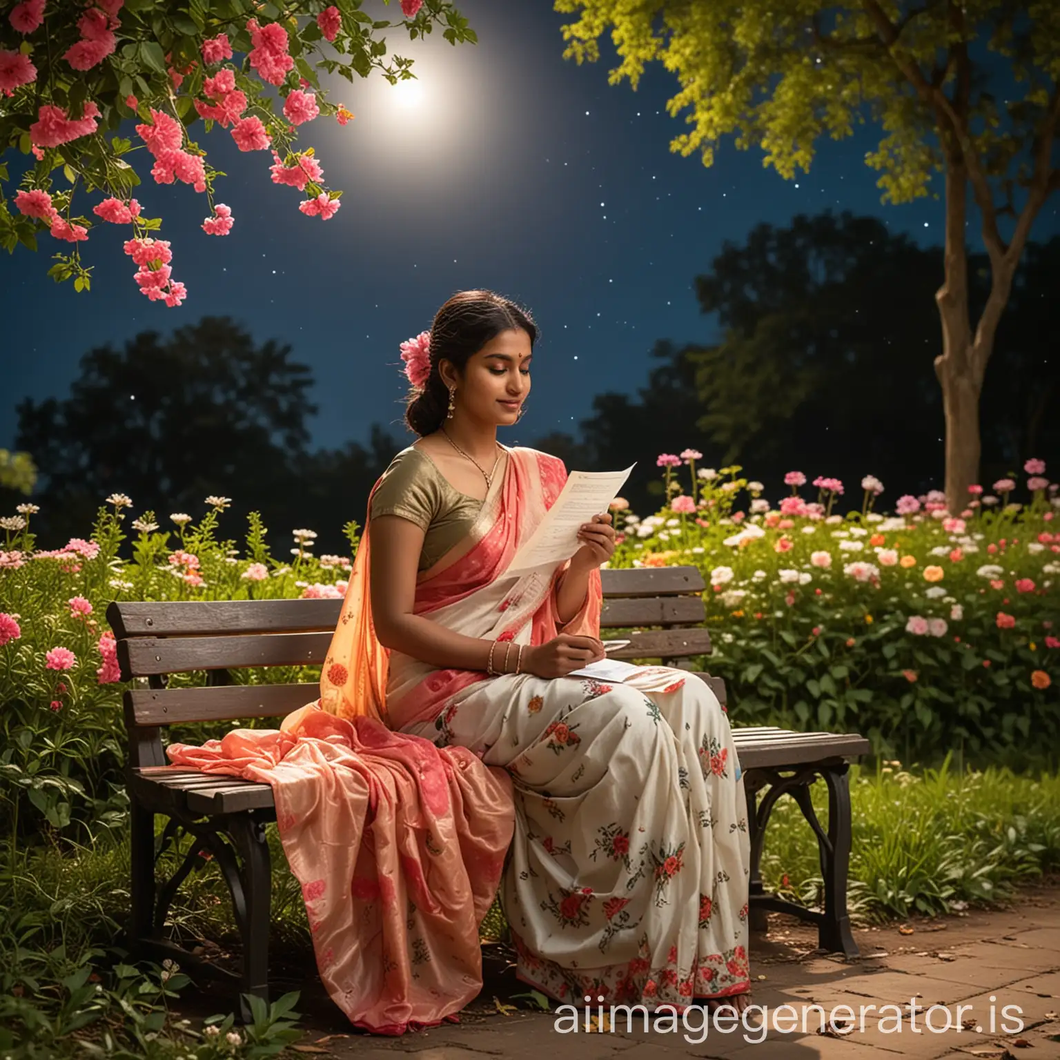 a beautiful young indian woman in a saree sitting on a bench reading a love letter in a park, under a full bright moon, there is beautiful colorful folowers to plants beside her, and there is breeze around her