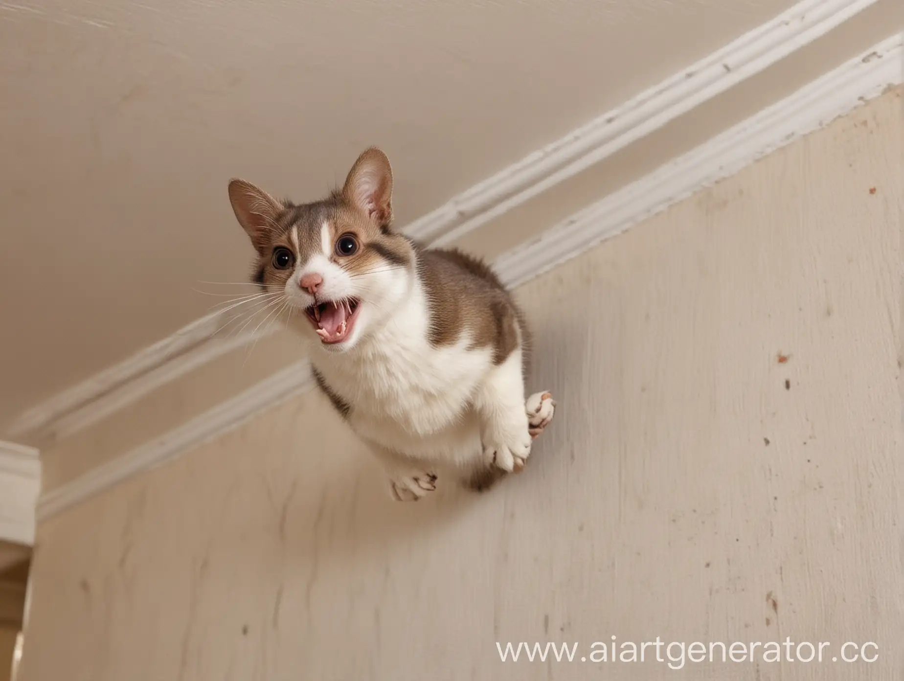 Белка летяга с мордой кота прыгает с стены на стену в доме  
