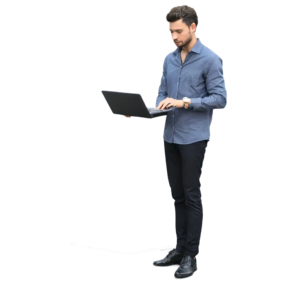 a man standing 
using laptop in office with paper effect on border of image
