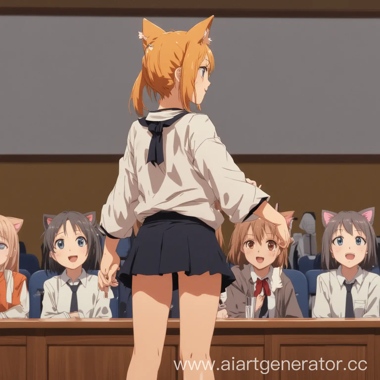 An anime girl with cat ears and a cat's tail sticking out of her back, standing on two legs, gently and sweetly smiling, stands at the lectern and tells something to a crowd of anime students sitting on chairs in front of the lectern, and she looks at the students while we stand and look at them from the side of them.