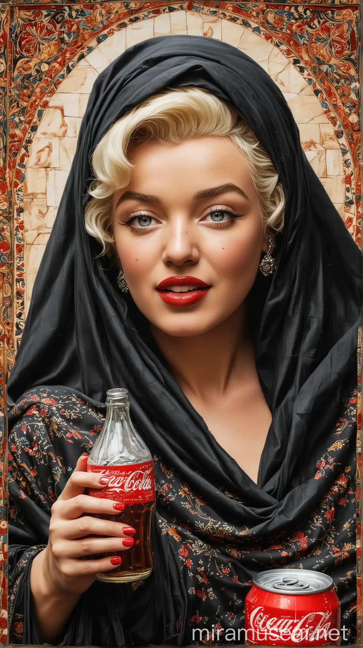Marilyn Monroe in Iranian Chador Sipping CocaCola by Traditional Tiles