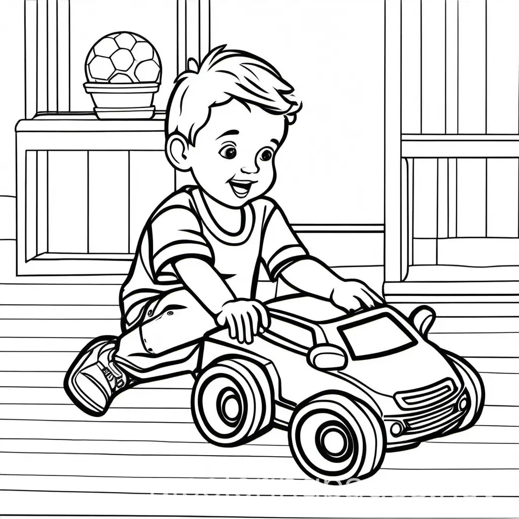 garoto brincando com carrinho de brincar, Coloring Page, black and white, line art, white background, Simplicity, Ample White Space. The background of the coloring page is plain white to make it easy for young children to color within the lines. The outlines of all the subjects are easy to distinguish, making it simple for kids to color without too much difficulty