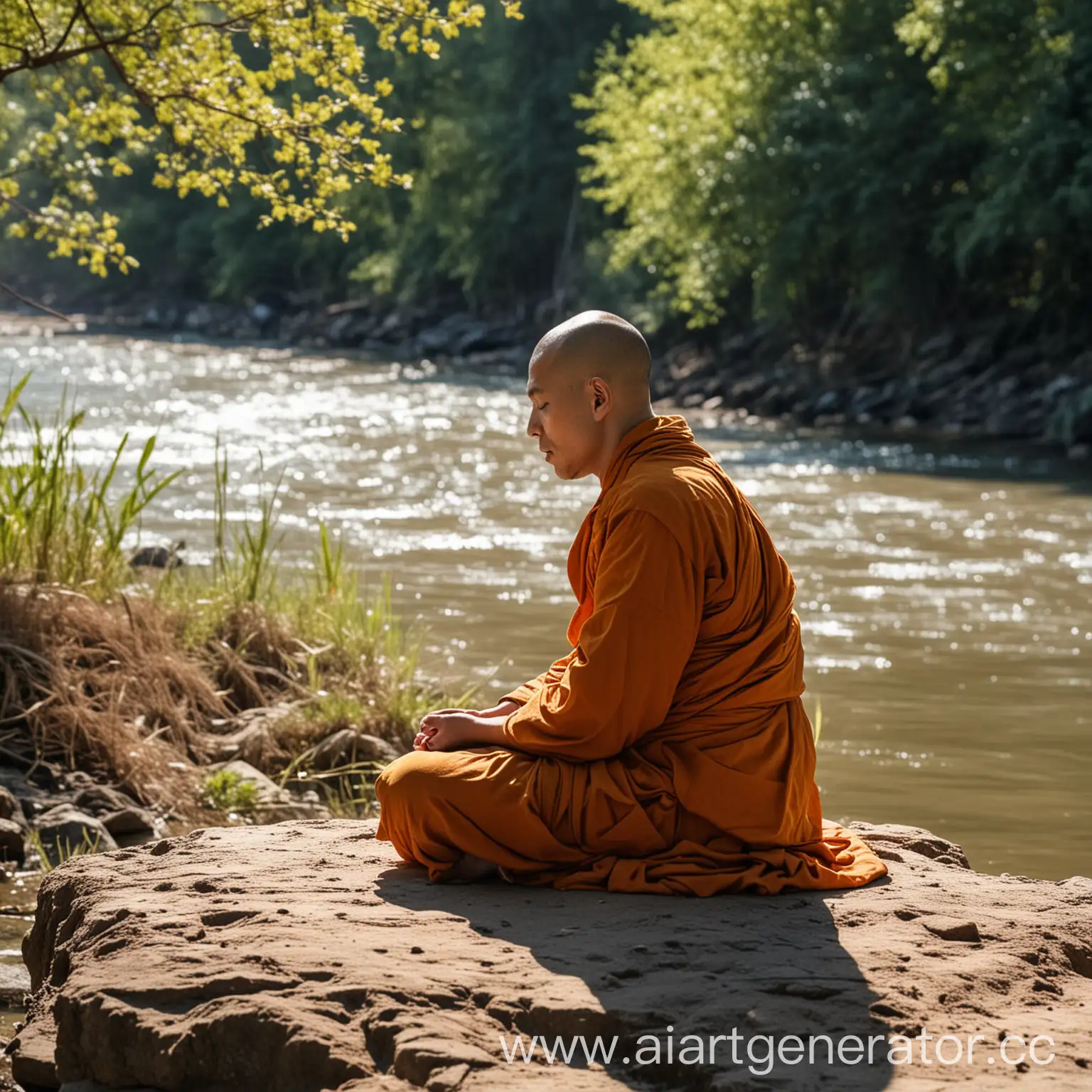 монах медитирует в солнечный день на берегу реки
