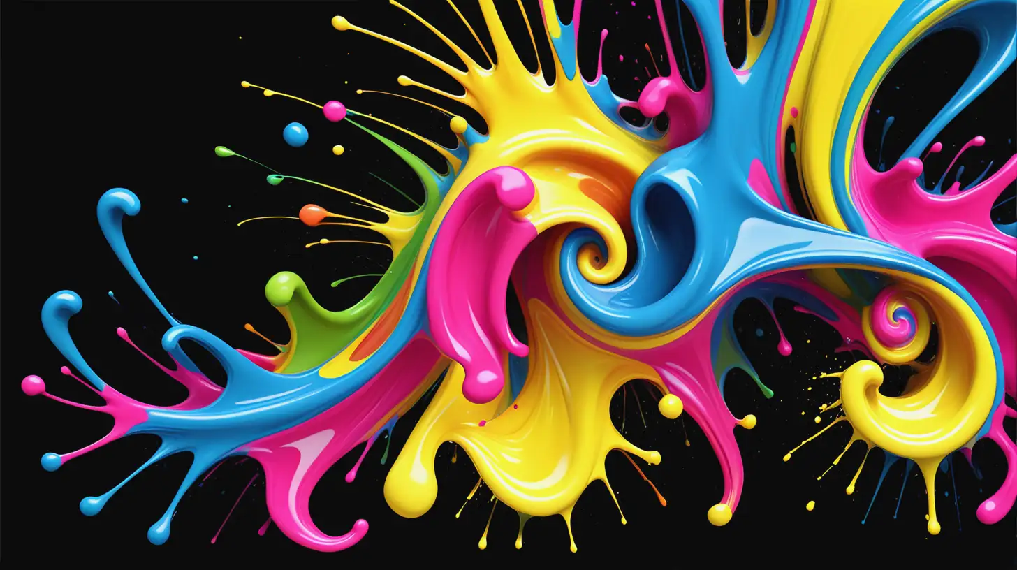 Vibrant CMYK Abstract Paint Splash Swirls on Black Background