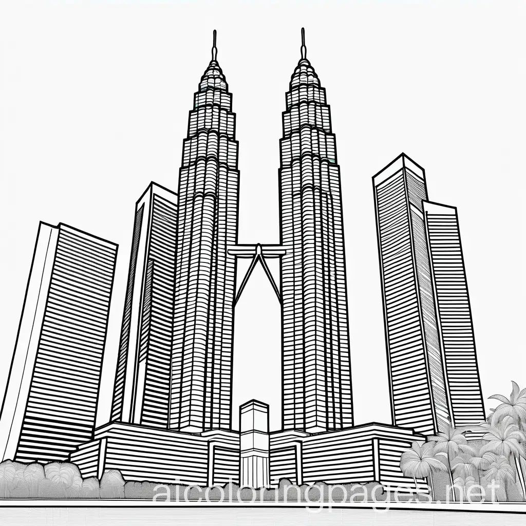 petronas twin towers, Coloring Page, black and white, line art, white background, Simplicity, Ample White Space. The background of the coloring page is plain white to make it easy for young children to color within the lines. The outlines of all the subjects are easy to distinguish, making it simple for kids to color without too much difficulty