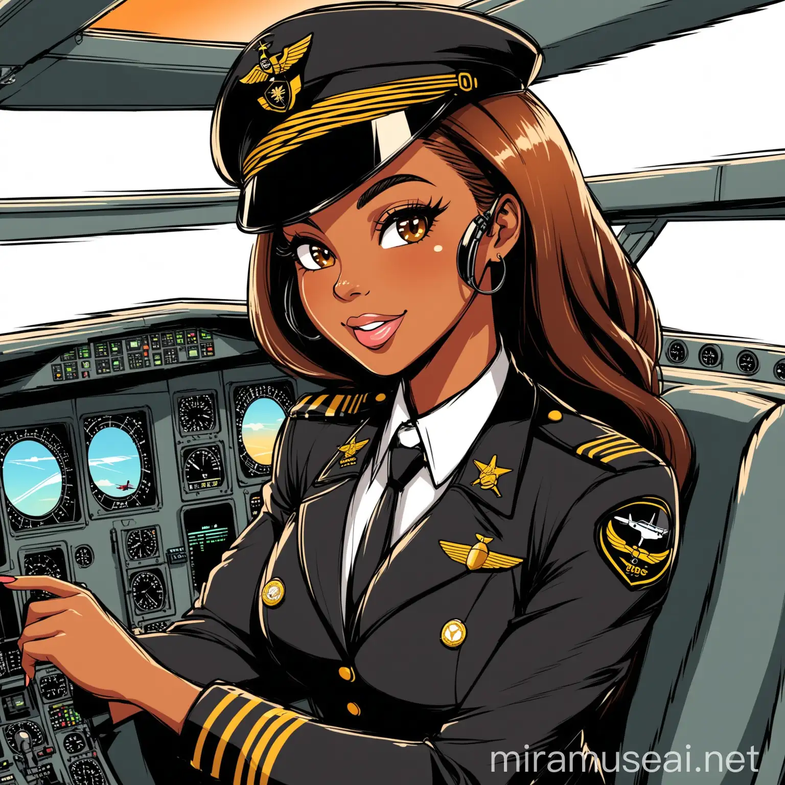 Cartoony color:
A beautiful
Black woman she is a pilot, Boss babe, dressed in pilot uniform, she is cockpit flying a plane for a airline 