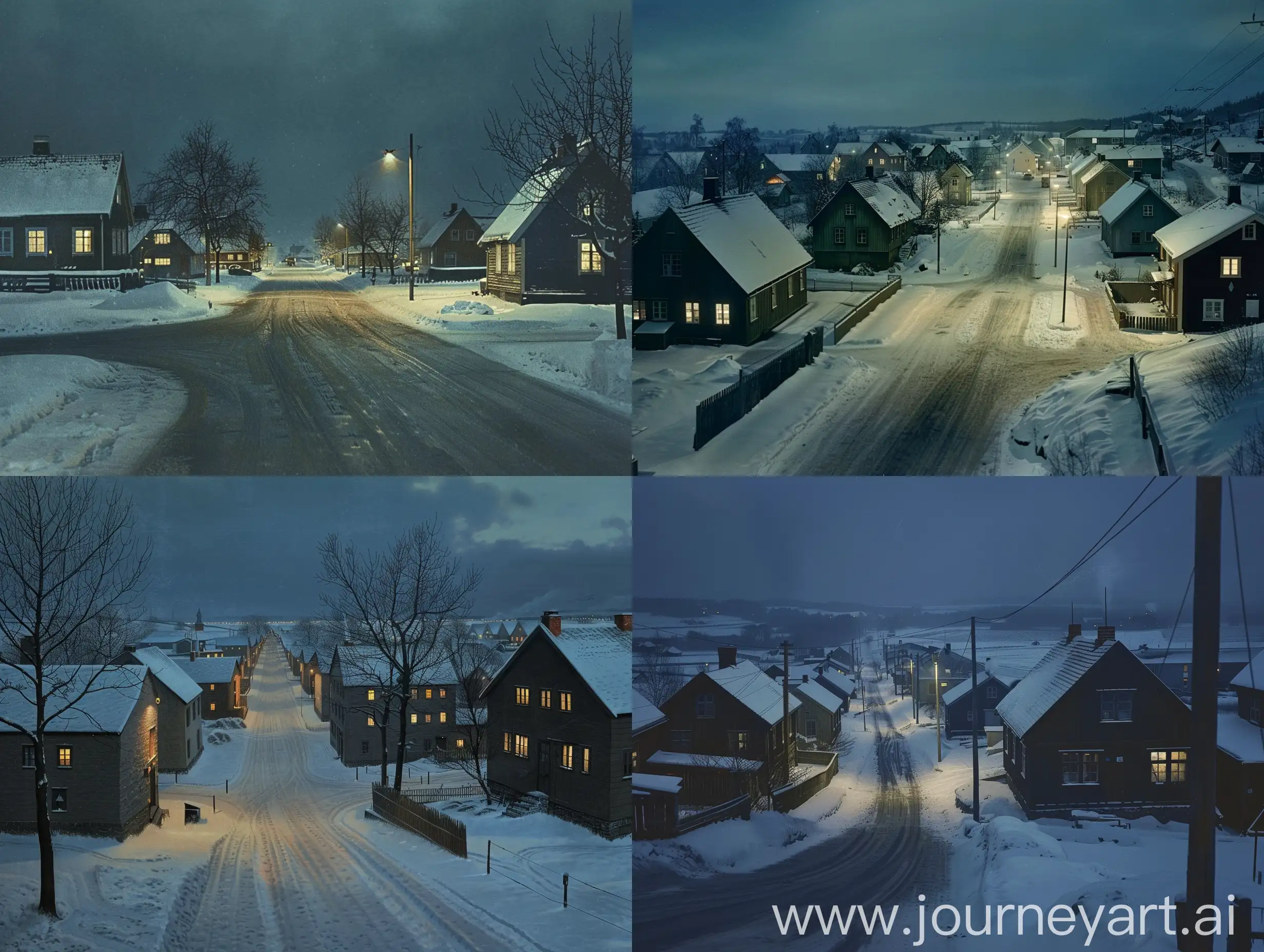 Scandinavian town, rectangular streets, European architecture, winter, night, 1945; style: hyperrealism