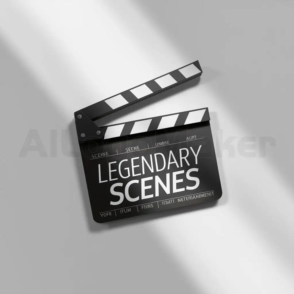 a logo design,with the text "Legendary Scenes", main symbol:Classic Clapboard with Text: The logo could feature a realistic image of a film clapboard open halfway. At the top part of the clapboard, the text 'Legendary Scenes' could be placed in a font reminiscent of classic movie lettering. The clapboard could be complemented with details such as scene numbers and other information to make it look authentic.,Minimalistic,clear background