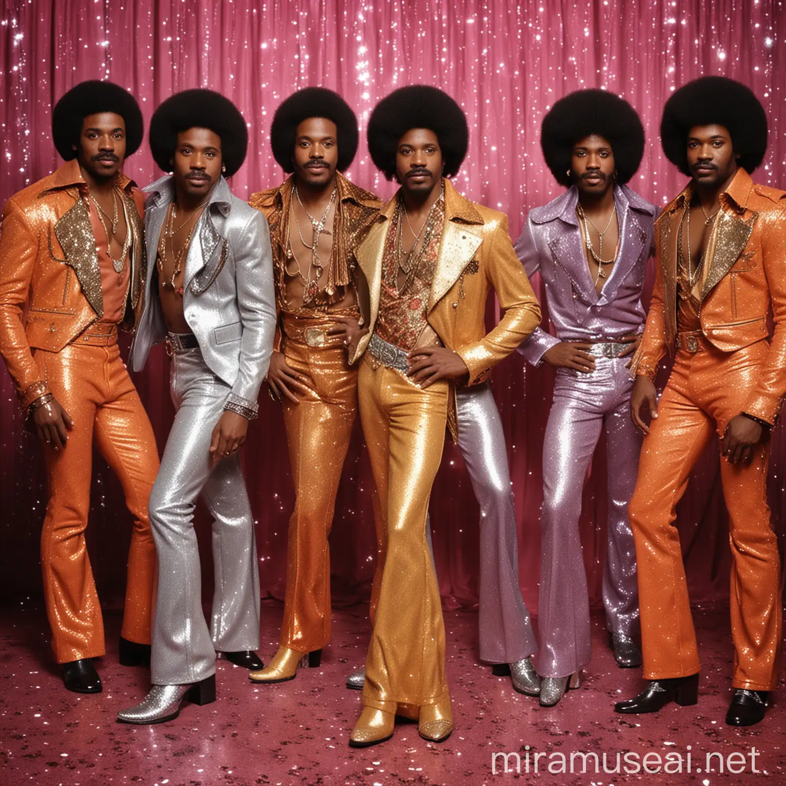 African American male 70's Disco Band, with glitter boots and wild outfits, all different outfits, fun backdrop