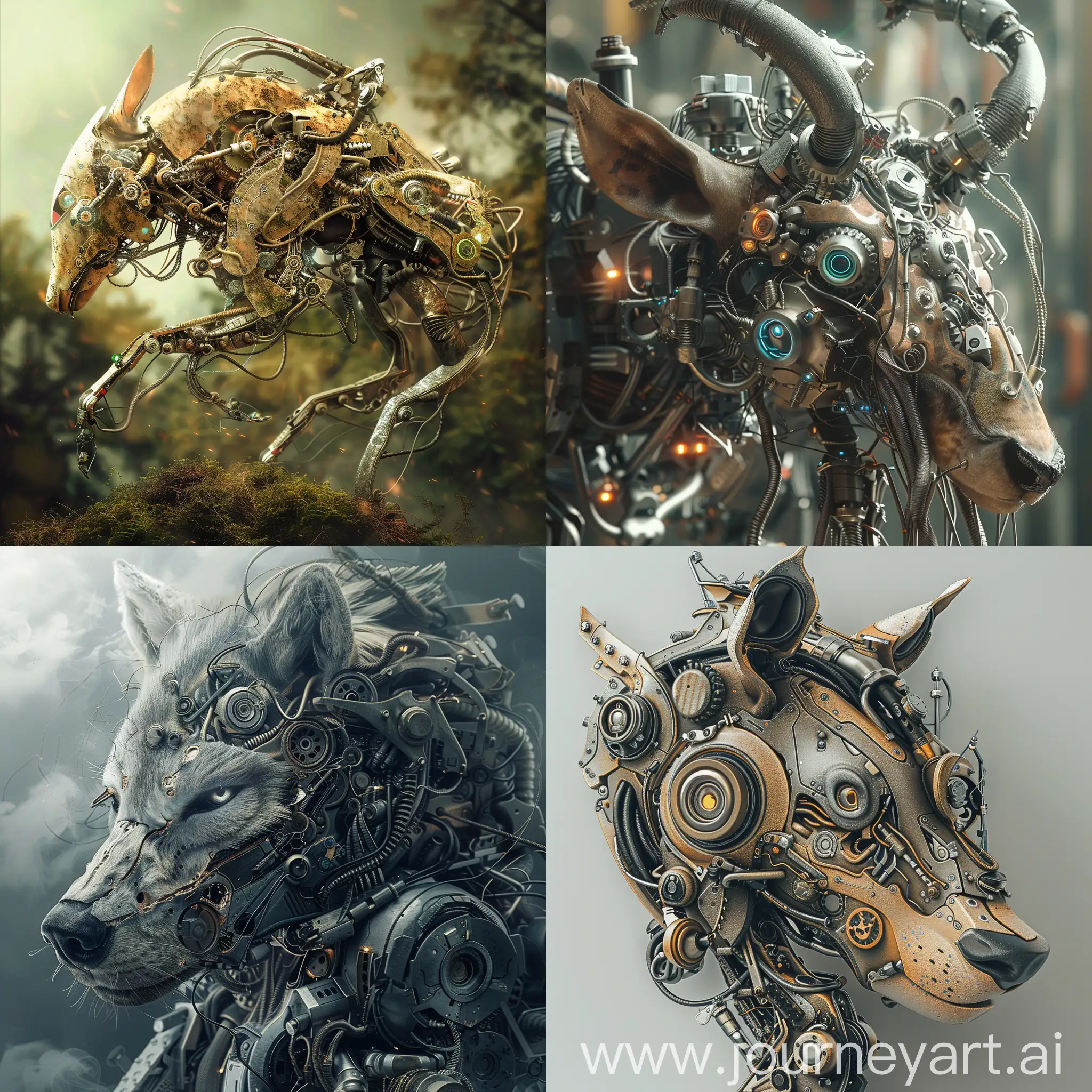 Create an image that combines mechanical elements and animal characteristics to convey the idea of ​​technology and nature merging in a unique synthesis