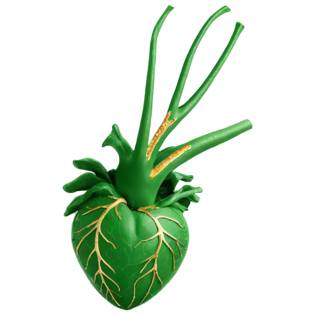 Crea un cuore verde anatomico in cui si vedono le ventature le quali sono solo in rilievo e d'orate. L'aorta deve essere di un verde vivo con decorazioni d'oro, l'arteria polmonare decorata di un colore panna chiaro che richiama alle perle. Rendilo in 3D