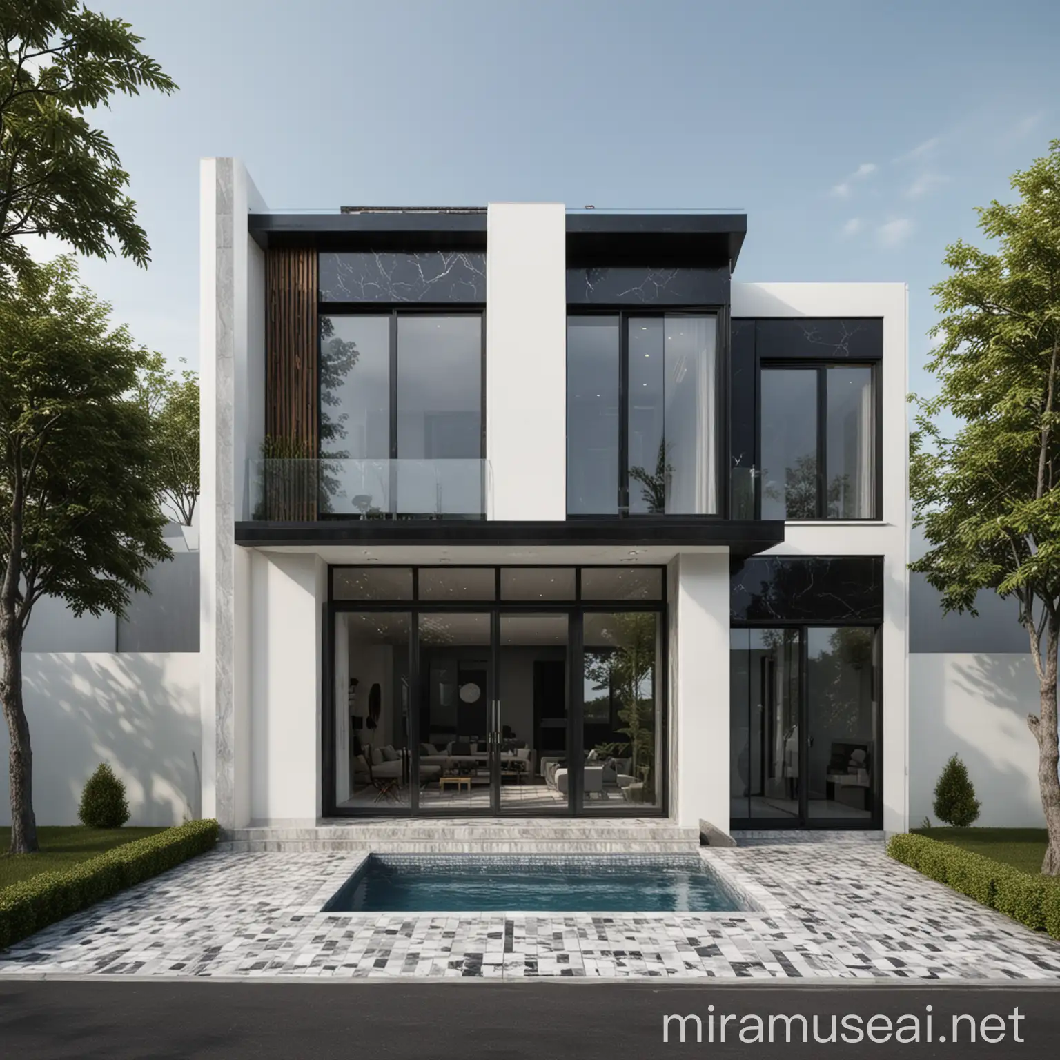 Create a 3D design of a two-story modern villa with minimalist style. using as the facade : white and black marble and wood, for windows use black aluminum with glass and 2 meters width by 2.5 meters height, for doors use black steel with cladding. for floor use porcelain tiles. do not add swimming pool. add car garage