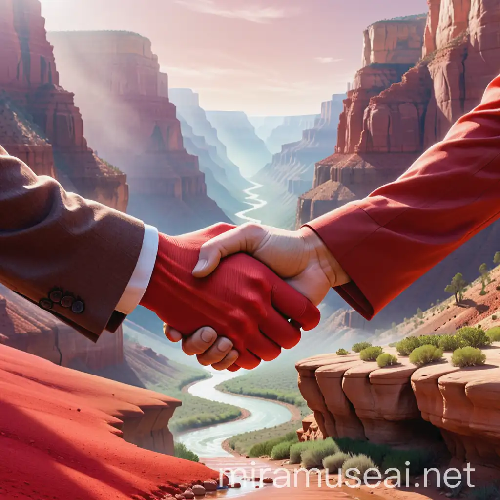 handshake where one side shows non-profit organization focused on environment, and the other side focused on stewardship. red colors, illustrative, transparent background, earthy landscape like gran canyon