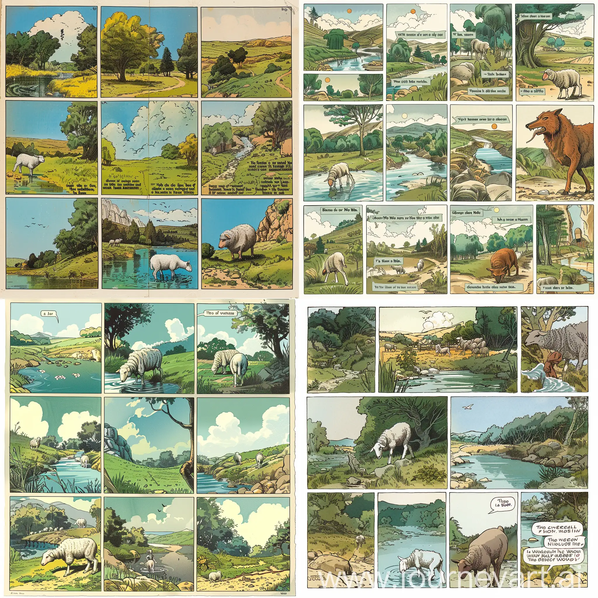Create a comic strip in the style of Hergé, divided into rectangular or square scenes, telling the fable of La Fontaine, "The Wolf and the Lamb". Don't forget the descriptions outside the images.  The first scene shows a bucolic landscape with a clear stream where the lamb drinks peacefully.  The second scene shows the arrival of the wolf, menacing and imposing, accusing the lamb of disturbing his water.  The third scene shows the lamb trying to defend himself by explaining that he drinks downstream.  The fourth scene reveals the wolf finding new accusations, determined to devour the lamb.  The fifth scene shows the wolf carrying away the lamb.  The final scene presents the moral of the fable: "The reason of the strongest is always the best."  Each scene should be detailed and captivating, with descriptions outside the images.
