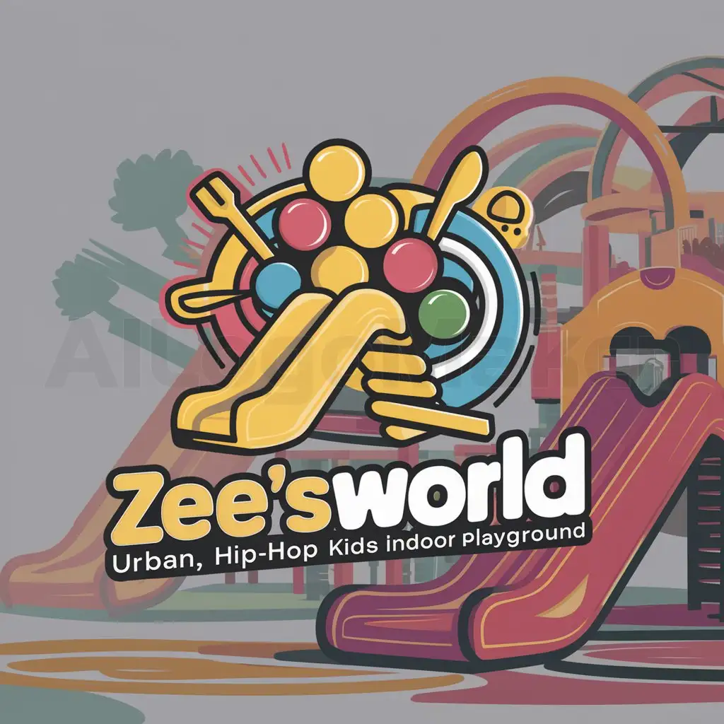 a logo design,with the text "Zee'sWorld", main symbol: Design a vibrant logo named "Zee'sWorld" that encapsulates the spirit of my urban, hip-hop themed kids indoor playground. The logo should incorporate symbols representing a kids playground, board games (Connect 4), and a cafeteria for food. Additionally, it should feature a lively atmosphere through the use of vibrant and pastel colors, echoing a modern and stylish vibe with an urban, hip-hop mood.,Moderate,clear background