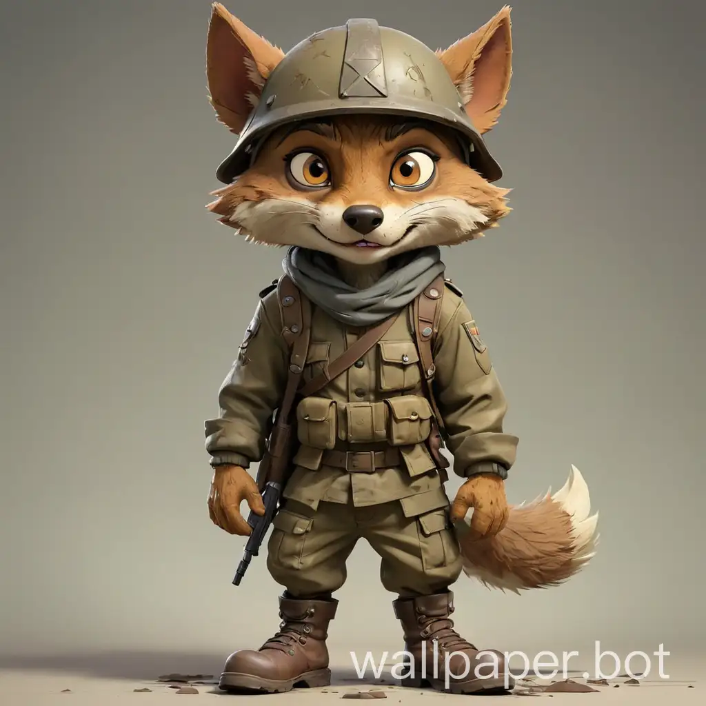 A cunning jackal in cartoon style, full body, soldier grimy clothes with boots and helmet, with clear background