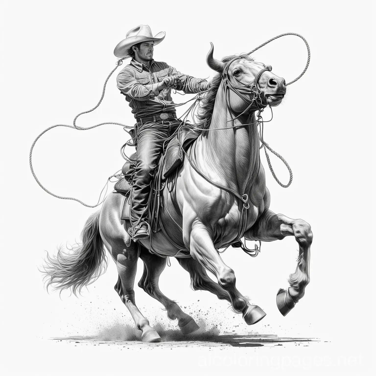 cowboy on horse at rodeo trying to rope down a bull, Coloring Page, black and white, line art, white background, Simplicity, Ample White Space. The background of the coloring page is plain white to make it easy for young children to color within the lines. The outlines of all the subjects are easy to distinguish, making it simple for kids to color without too much difficulty