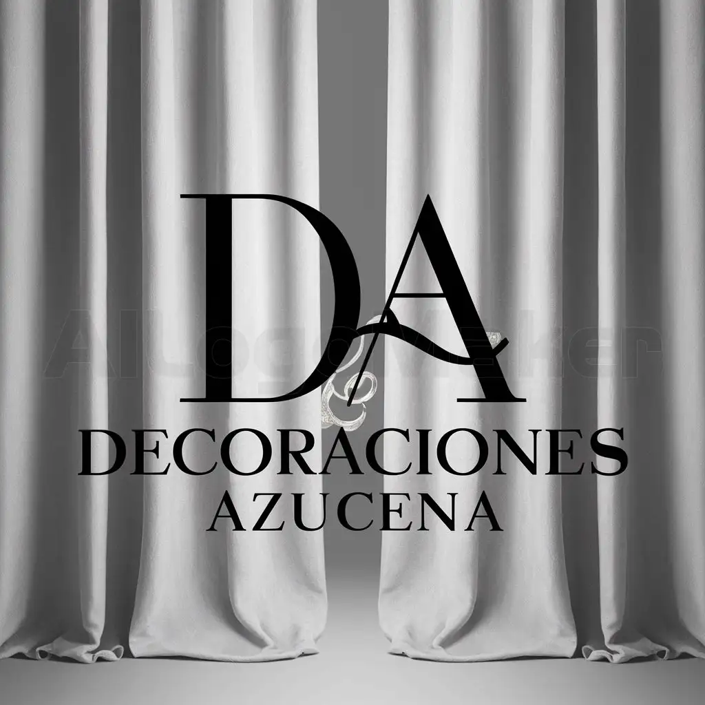 a logo design,with the text "Decoraciones Azucena", main symbol:Una D and a A that look elegant, with curtains in the background,Moderate,clear background