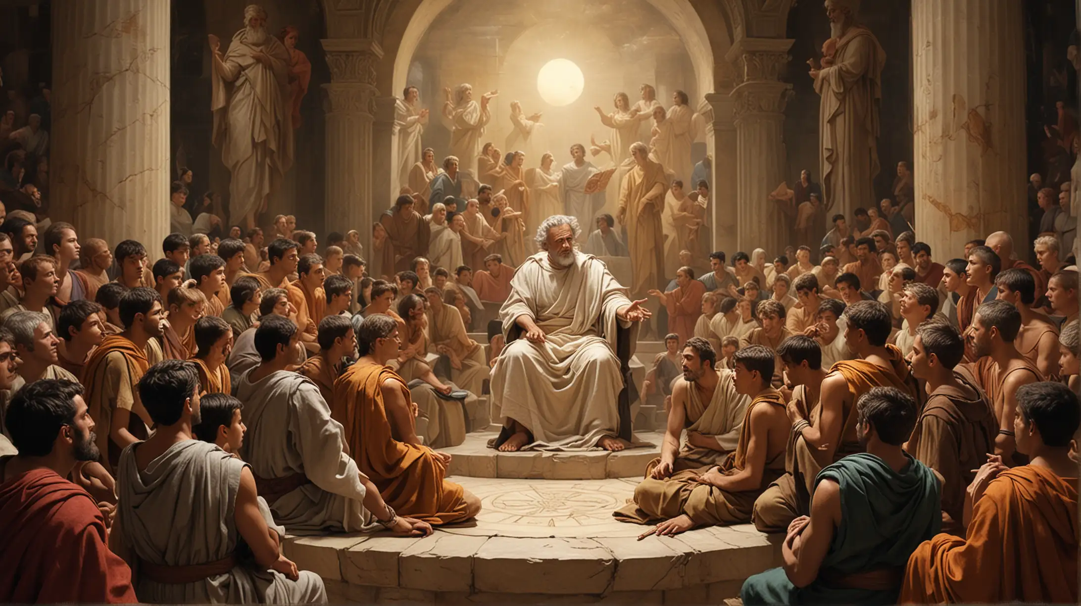  Generate visuals of a stoic philosopher mentoring a group of young citizens, imparting timeless wisdom and guidance.
Image Description: This image depicts a stoic philosopher surrounded by a diverse group of individuals, ranging from young adults to elders, gathered around him in a circle. With a commanding presence, he gestures towards a scroll containing stoic teachings, while his attentive audience listens intently, absorbing his words with reverence. The scene captures the spirit of mentorship and community as the philosopher empowers others to embrace their civic and social responsibilities.