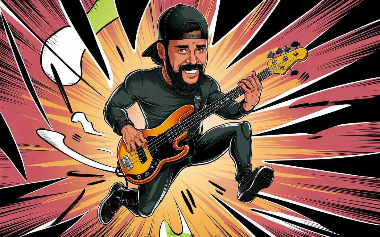 Draw a cartoon character, male bass player, black well kept beard and mustache, tight black pants, black long sleeve shirt, black backwards ball-cap, jumping in the air playing the bass, action background, bright colors, thick black lines