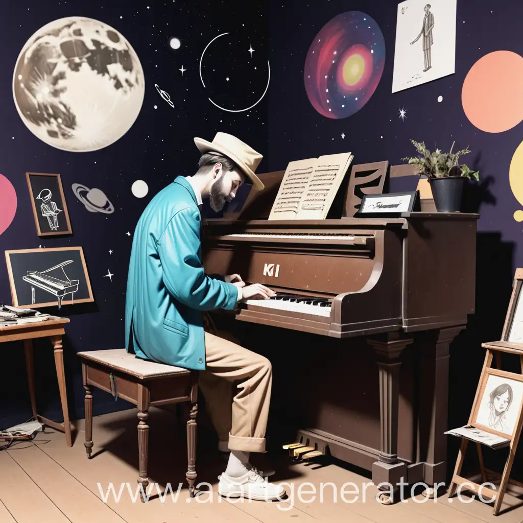 Vintage-DJ-at-Old-Piano-with-Artists-Drawing