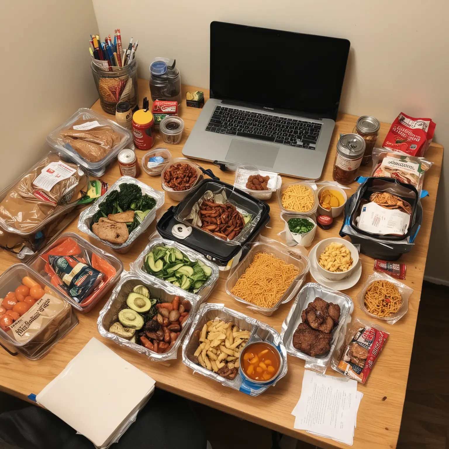 A study desk packed with food, home-cooked and take-out