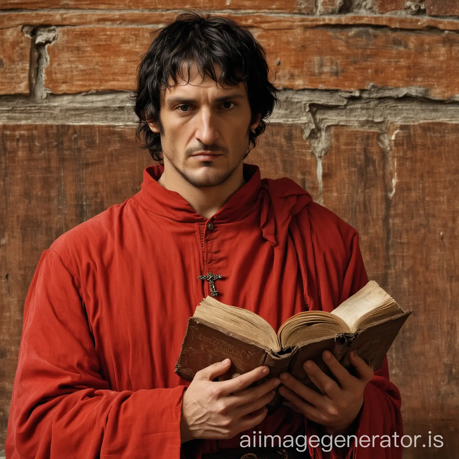 14th century Italian, Dante's face, holding a book in one hand, like a picture, red attire, frontal, male