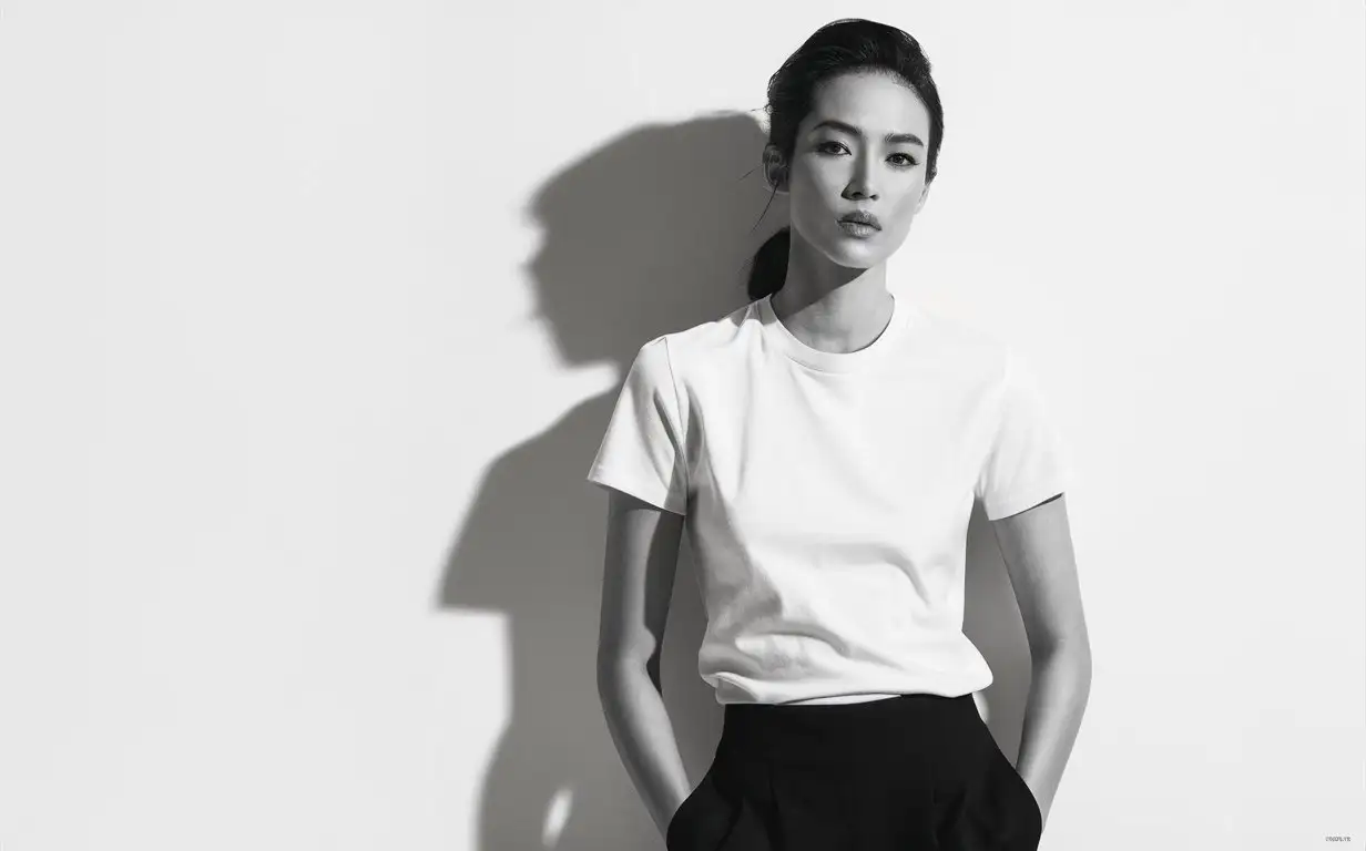 A portrait of Faye Wong, wearing a white t-shirt, in black and white photography, with high contrast, facing the camera, looking straight ahead against a white background, in the style of a Hasselblad X2D color flash photo. --ar 49:64 --v 6.0 --style raw