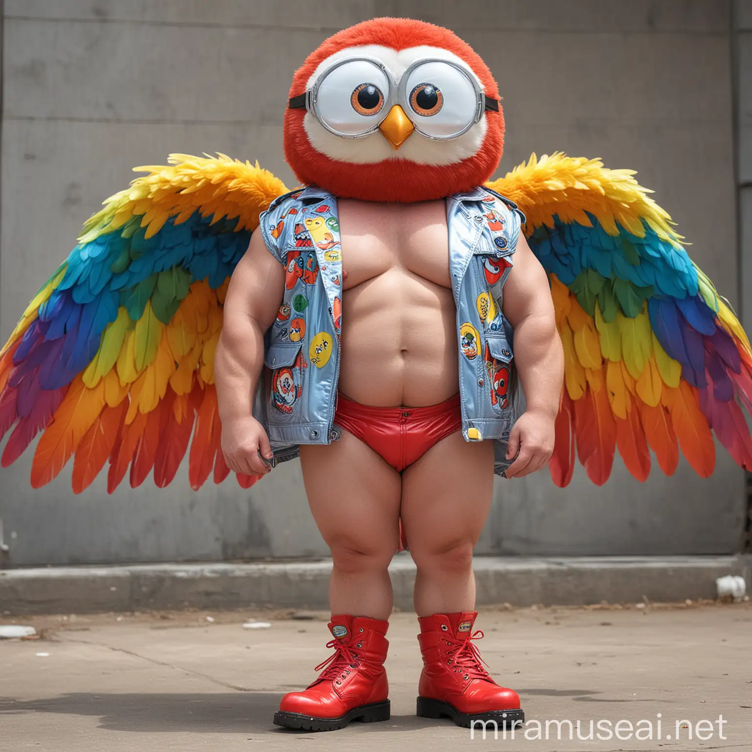 Topless 40s Happy Ultra beefy Red Head Bodybuilder Daddy Big Eyes with Beard Wearing Multi-Highlighter Bright Rainbow Colored See Through huge Eagle Wings Shoulder Jacket short shorts low leather boots and Flexing his Big Strong Arm with Doraemon Goggles on forehead