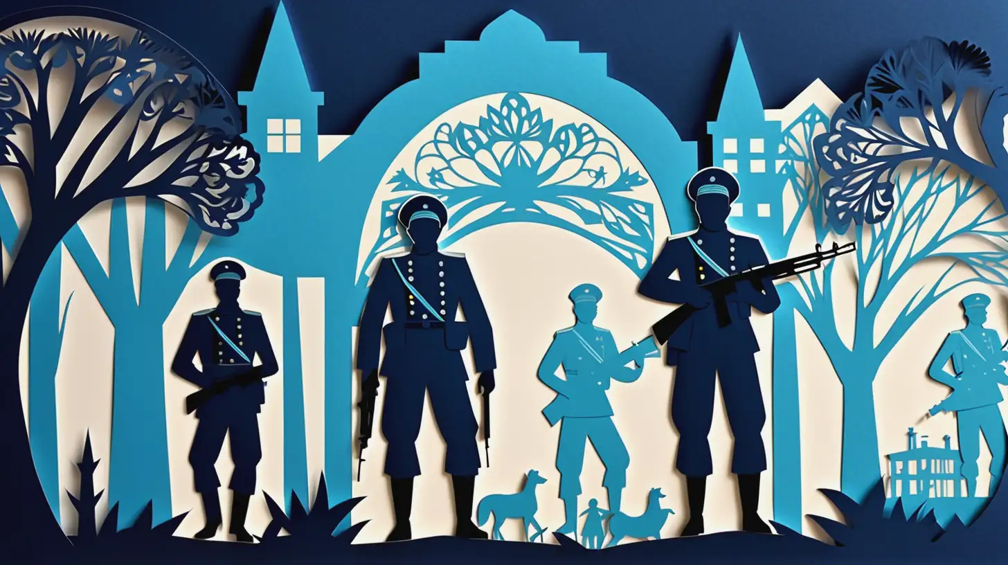 солдаты советской революции  темные силуэты    синие тонаlaser cut paper illustration, layered paper высокая детализация цветная бумага красивые пастельные цвета , вырезанное из бумаги, плоская апликация  интерьер английского дома