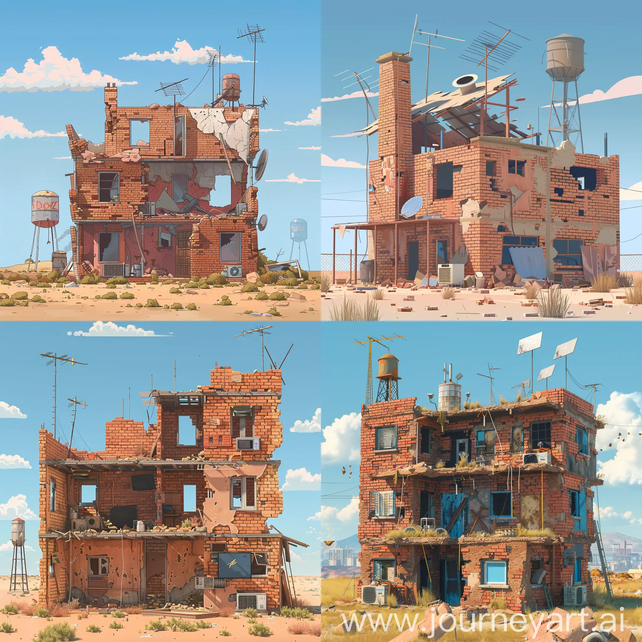 An unfinished, roofless, half-dilapidated abandoned 5-story brick residential rural house in ruins with TV antennas, water towers and air conditioners located in a dry climate in 2D.