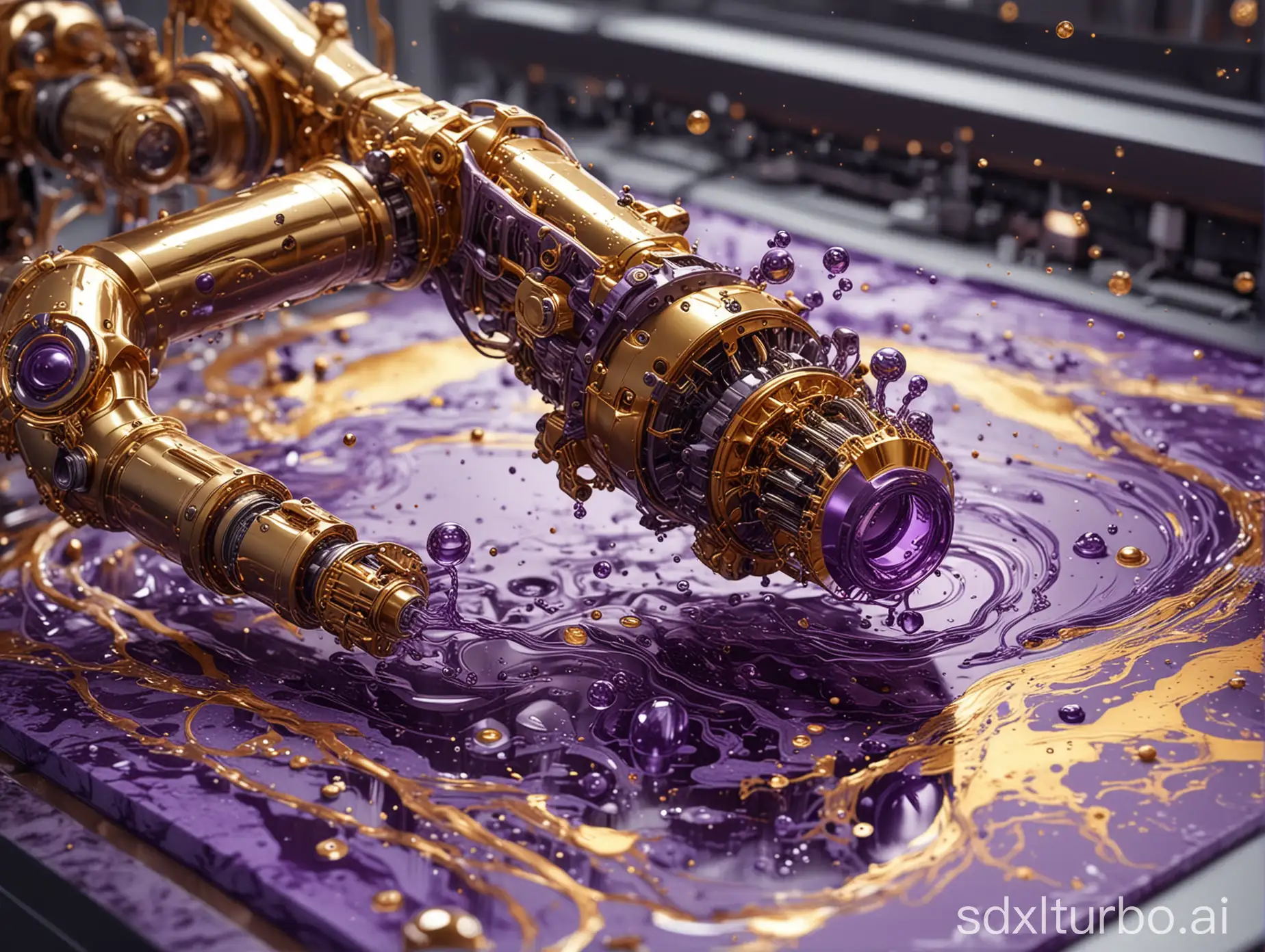 complex thick trifurcated robotic cnc surgical arm cybernetic symbiosis hybrid mri 3 d printer machine printing some highly detailed beautiful liquid marble textures with big oil bubbles. harmonic chromatic golden tones coloured abstraction with purple splashes. ultradetailed realistic art in inspection laboratory control panel room