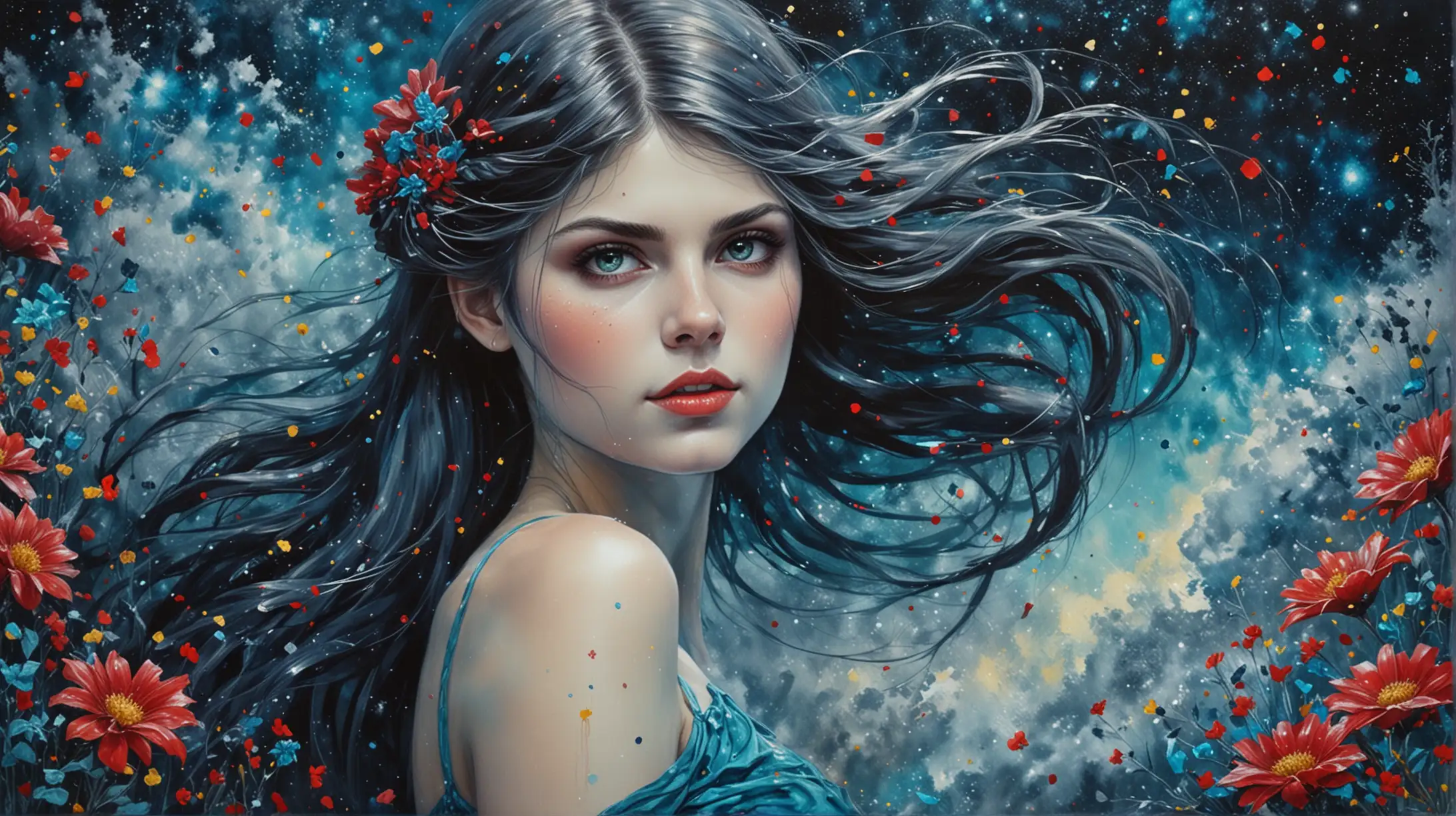 anime, watercolor, Alexandra Daddario, sexy celtic elegant girl, pigtails, romance, love, textured oil painting of abstract art of florescent colors Turquoise and dark blue in silver dust and a magical turquoise glow with luminescent red and yellow flowers among galaxies