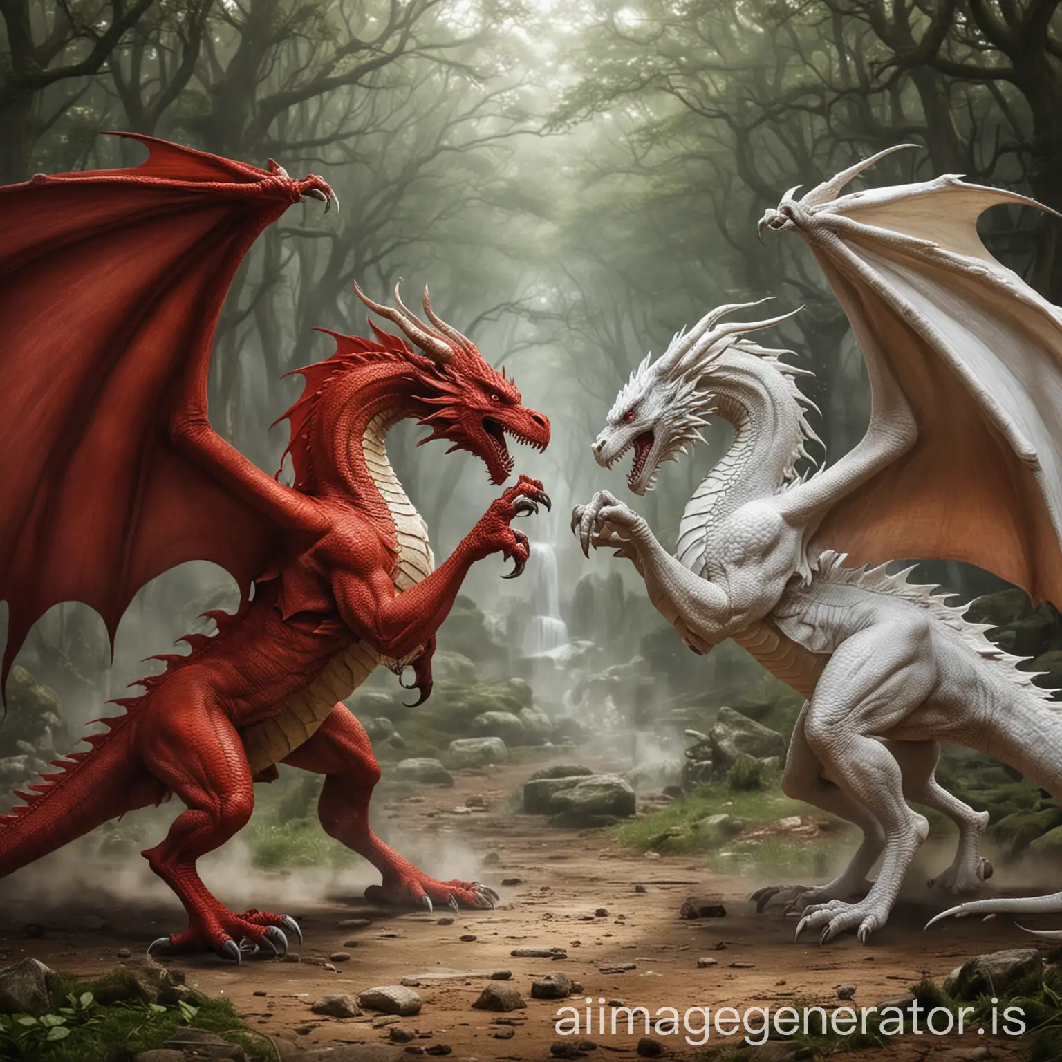 Welsh red dragon and white dragon fight