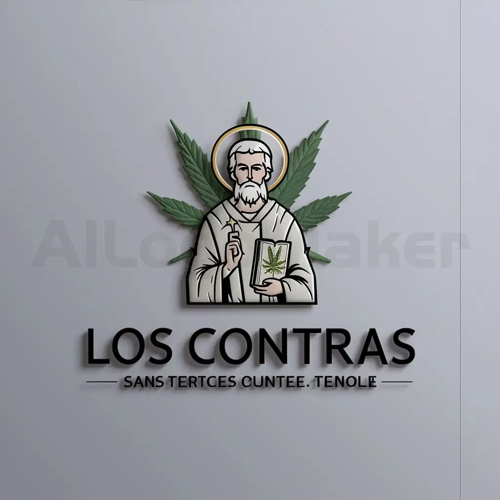 a logo design,with the text 'los contras', main symbol:saint jude with cannabis leaf in back ground,Moderate,clear background