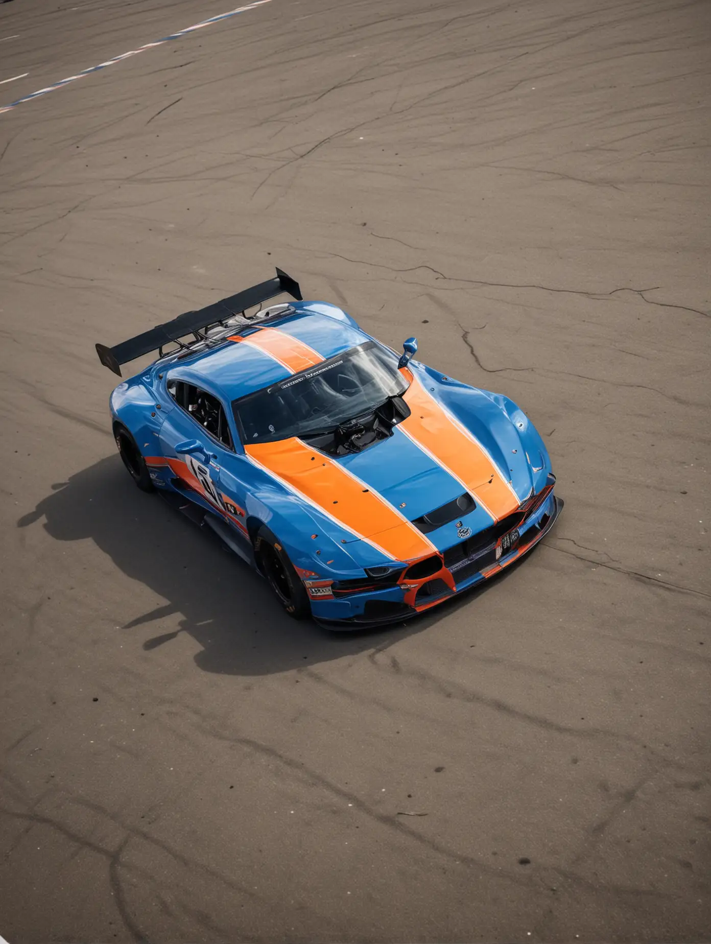 Speeding Race Car with Vibrant Orange and Blue Stripes