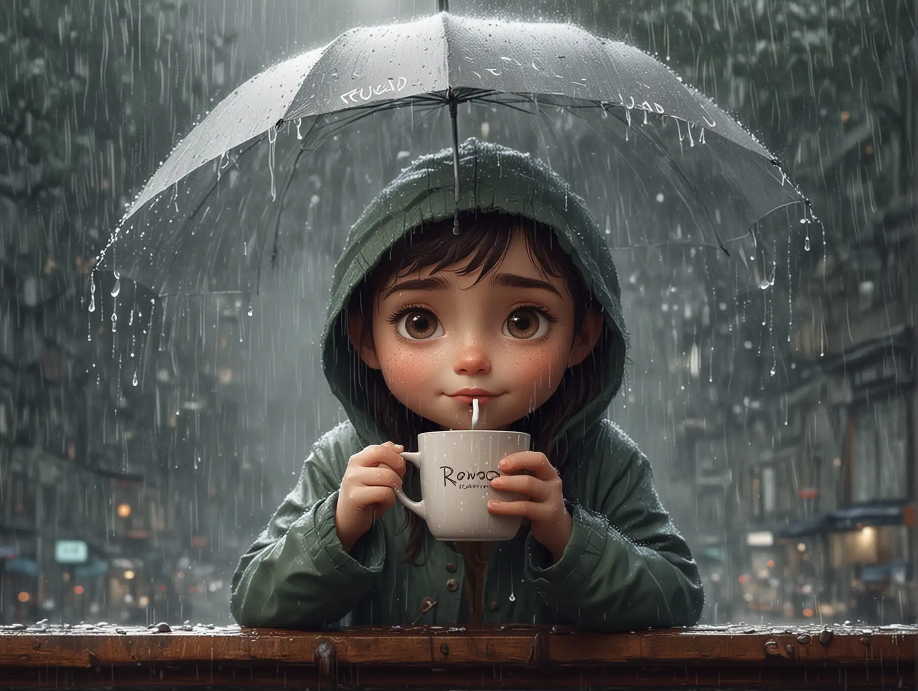 morning rain and a cute youth drinking coffee under the rain. The word "Rowad" is written on the coffee mug. Foggy weather. minimal illustration by Pixar
